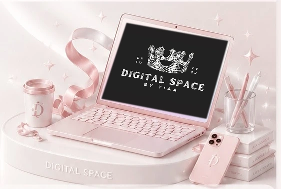 Laptop pink 3D dengan logo resmi Digital Space hitam putih pada layar